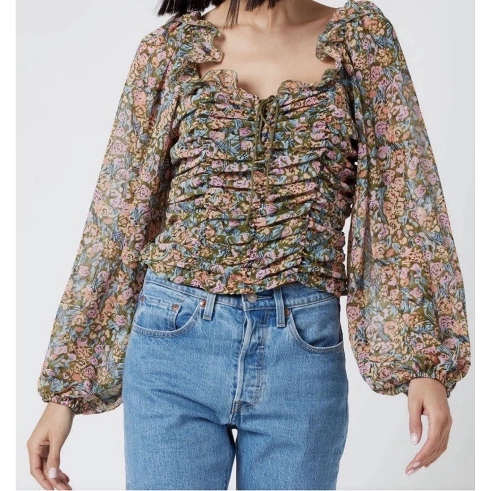 FREE PEOPLE Mabel Floral Printed Blouse Black Top S Small